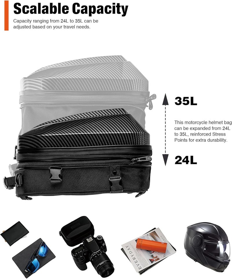 Grapelet Motorcycle Tail Bag Backpack Waterproof ABS Hard Shell Motorbike Luggage Bags Helmet Bags with Expandable Storage 24L-35L - Image 2